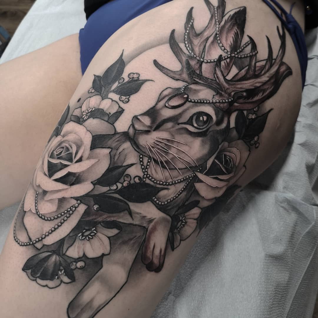 Jackalope Jewelry and Rose Tattoo by Sasha Day at Black Gold Tattoo Co in Edmonton Alberta Canada