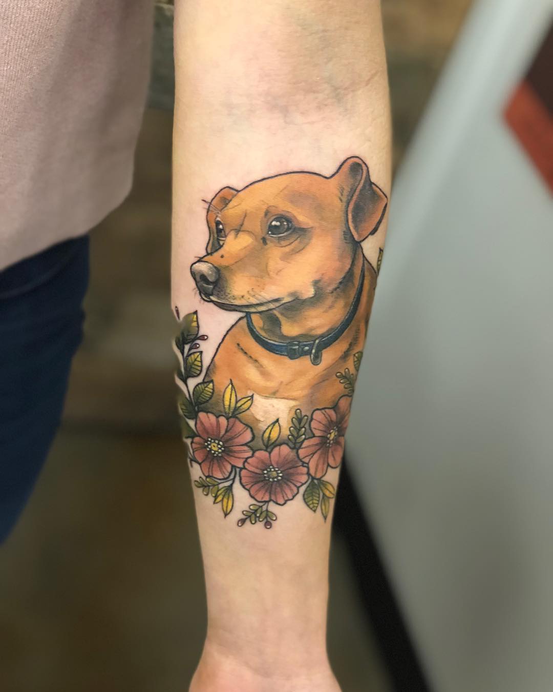 Dog Portrait and Floral Tattoo by Vanessa Spezowka at Crimson Empire Tattoo in Edmonton Alberta Canada