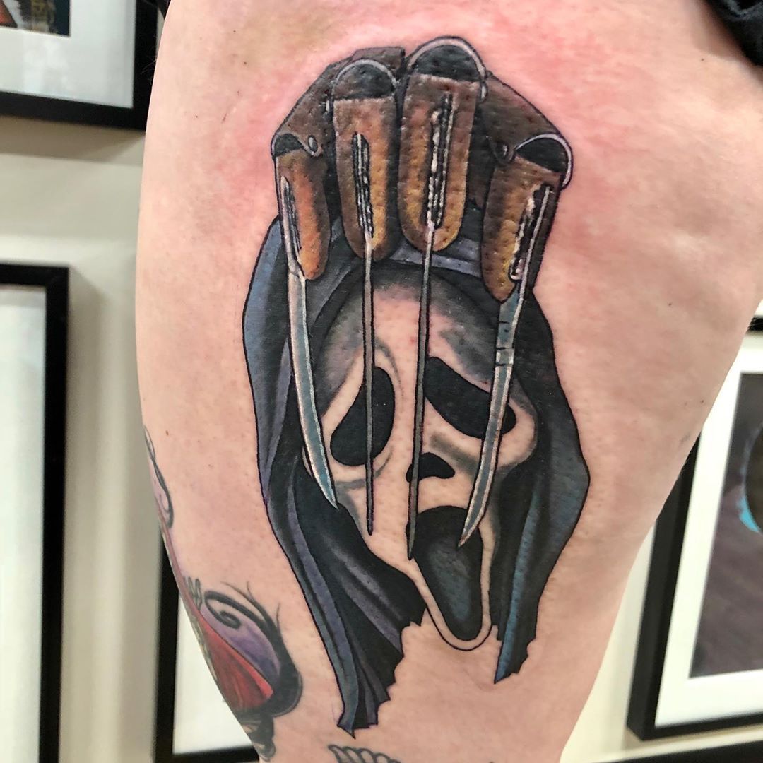 Ghostface from Scream and Freddy Krueger Glove Tattoo by Chris Labrenz at Black Gold Tattoo Co in Edmonton Alberta Canada
