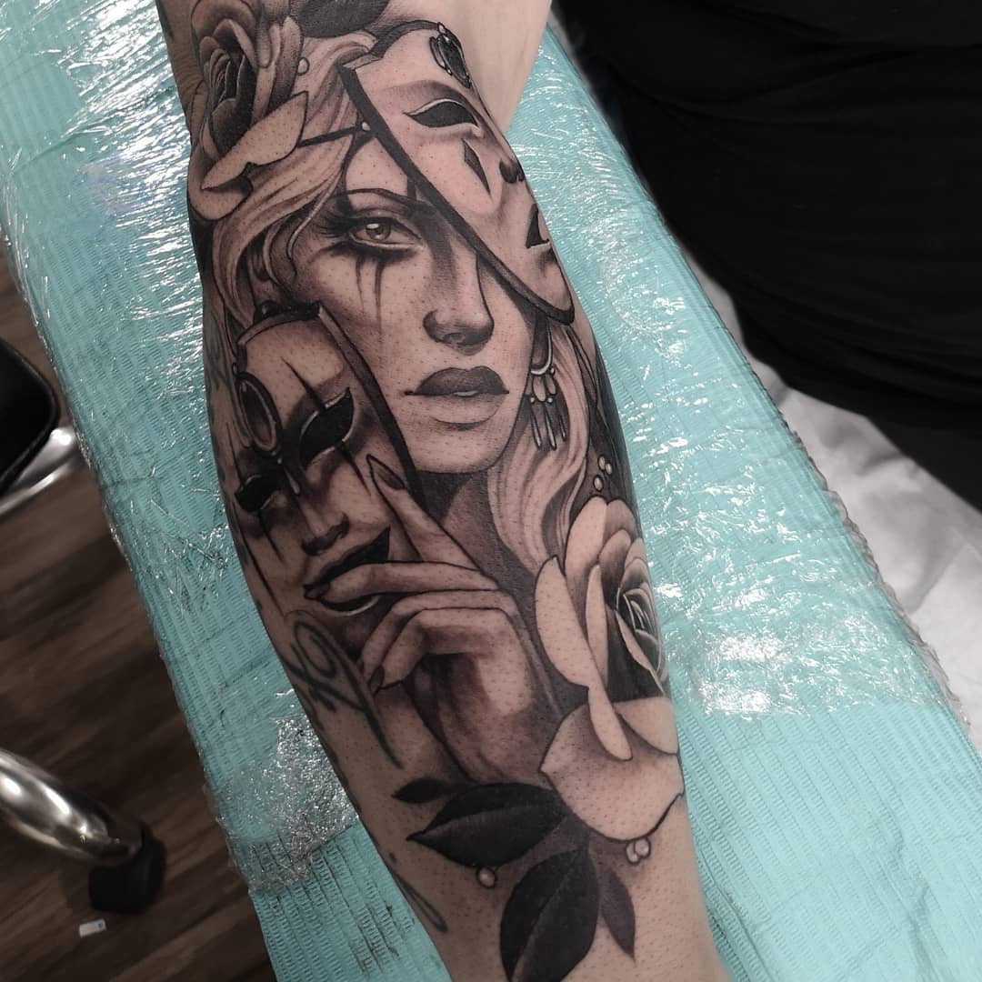 Masks Roses Girl Portrait Tattoo by Sasha Day at Black Gold Tattoo Co in Edmonton Alberta Canada