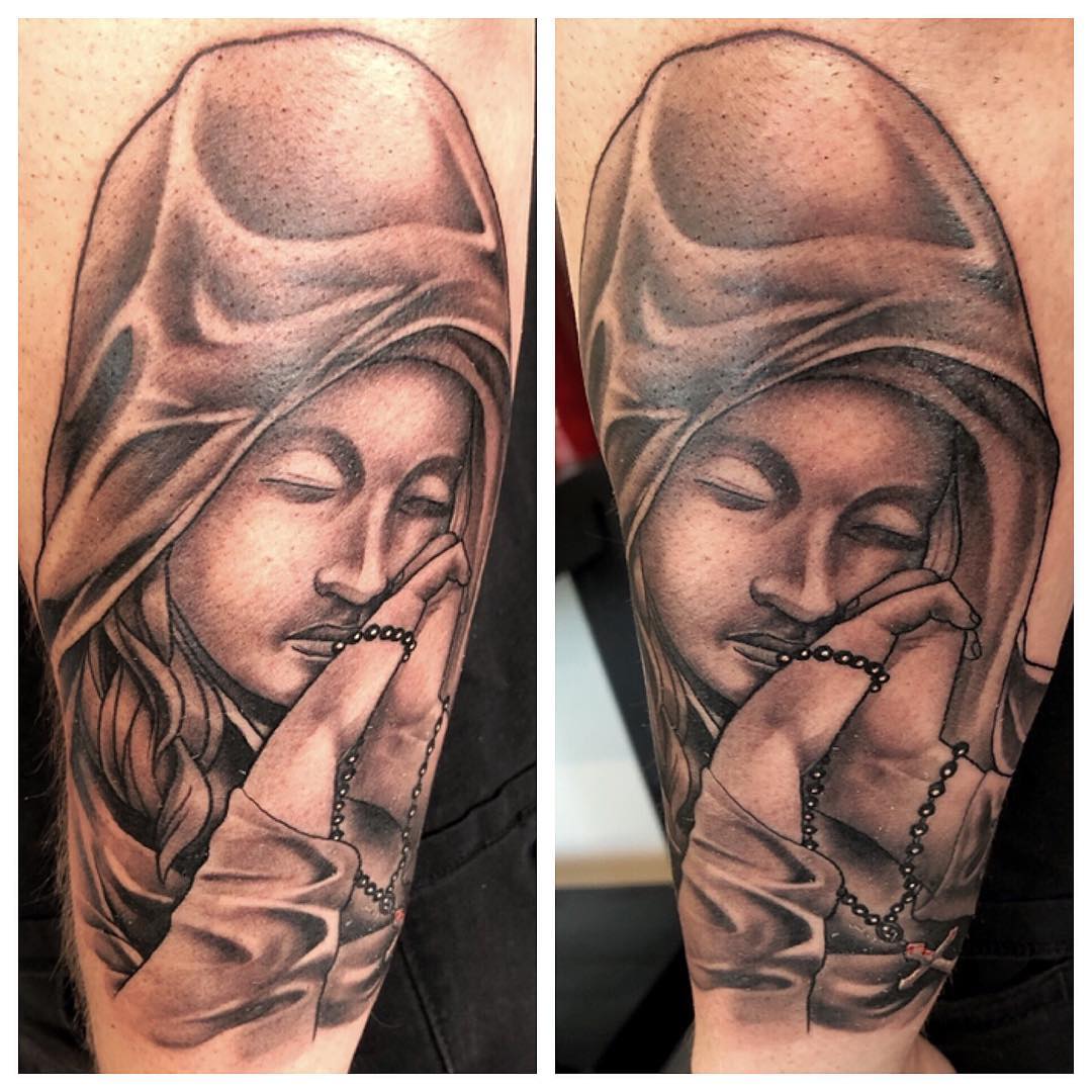 Virgin Mary Tattoo by Chad Lavers at Crimson Empire Tattoo in Edmonton Alberta Canada