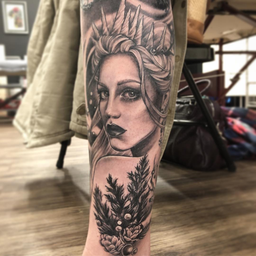 Ice Queen Tattoo by Sarah Michelle at Black Gold Tattoo Co in Edmonton Alberta Canada