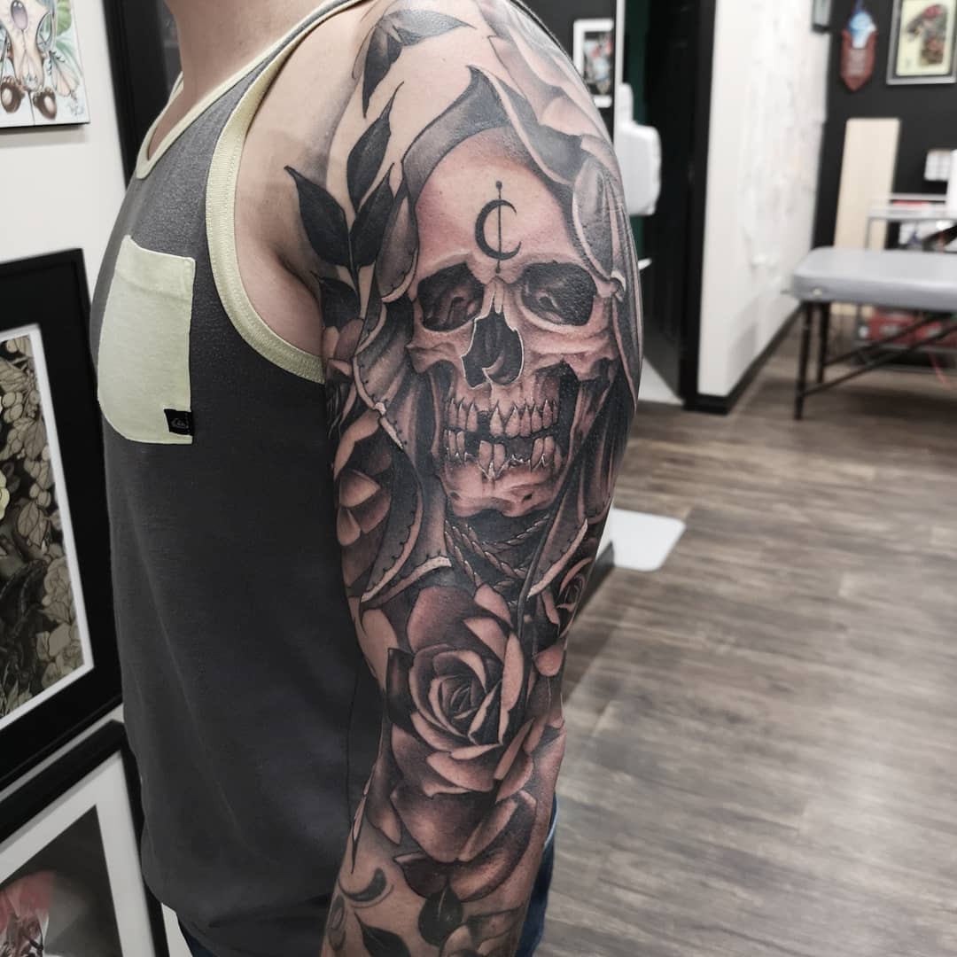 Skeleton and Rose Sleeve by Sasha Day at Black Gold Tattoo Co in Edmonton Alberta Canada