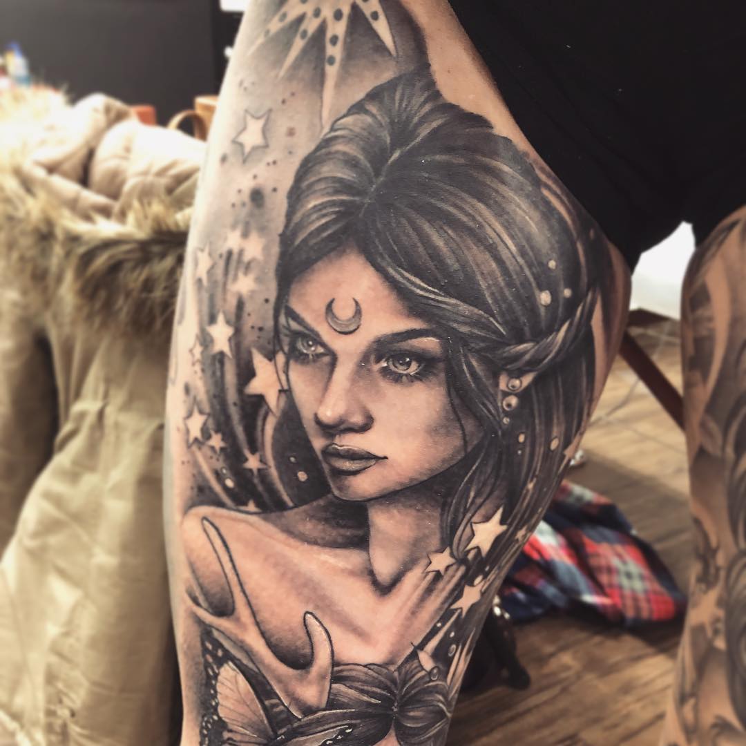 Moon Goddess Tattoo by Sarah Michelle at Black Gold Tattoo Co in Edmonton Alberta Canada