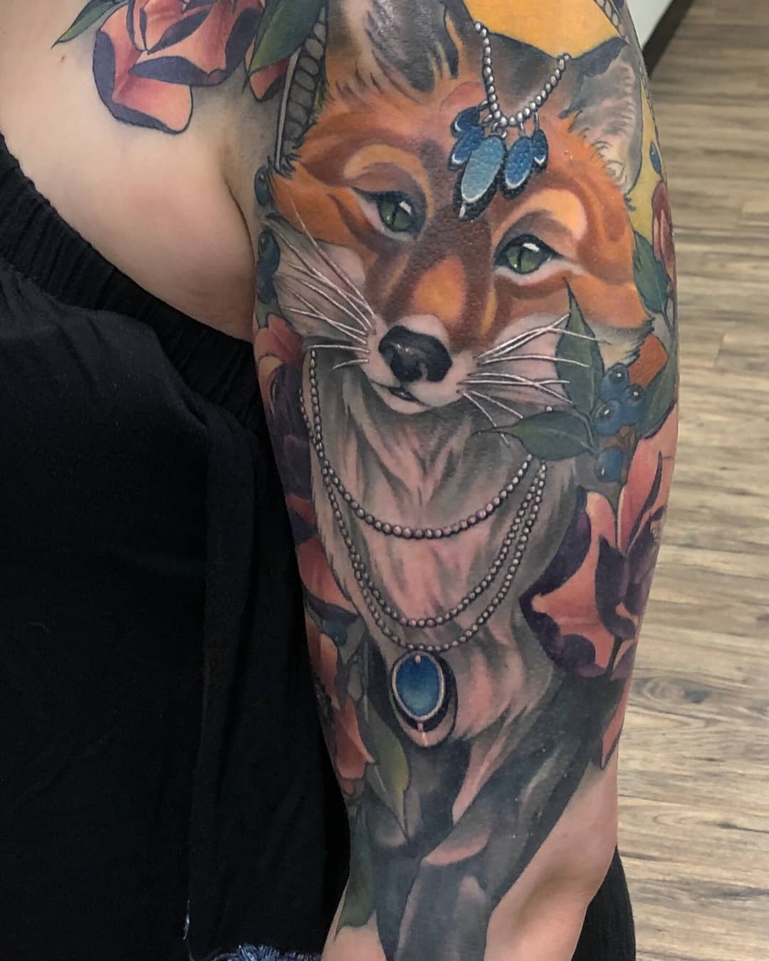 Fox Jewelry and Flowers Tattoo by Sasha Day at Black Gold Tattoo Co in Edmonton Alberta Canada