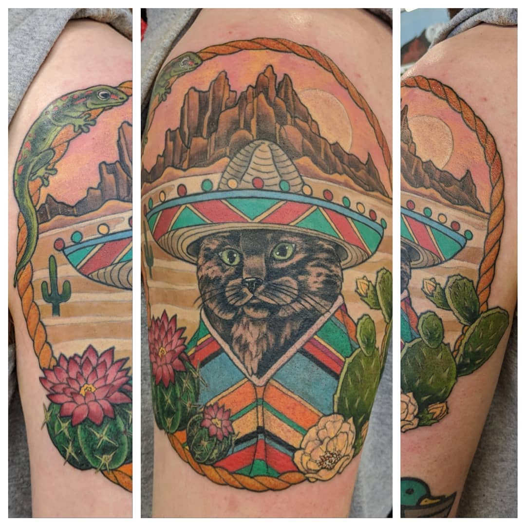 Sombrero Cat Tattoo by Sheila Anderson at Crimson Empire Tattoo in Edmonton Alberta Canada