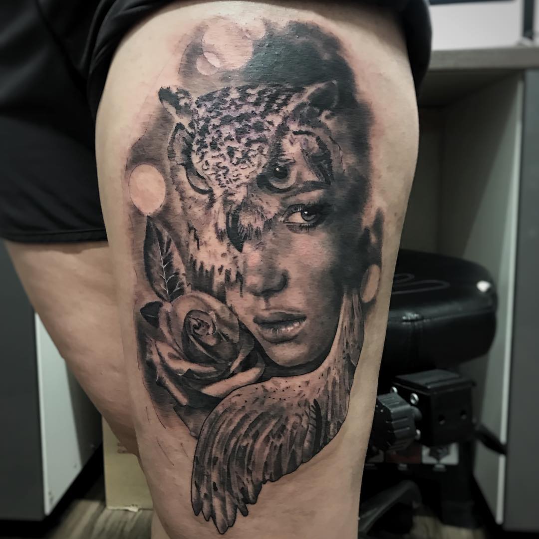 Owl Rose and Girl Portrait Tattoo by Alan Coates at Black Gold Tattoo Co in Edmonton Alberta Canada