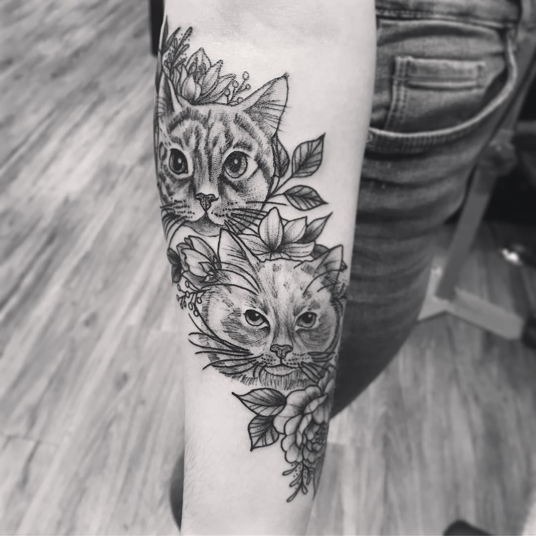 Cat Portraits and Flowers Tattoo by Jess Alther at Black Gold Tattoo Co in Edmonton Alberta Canada