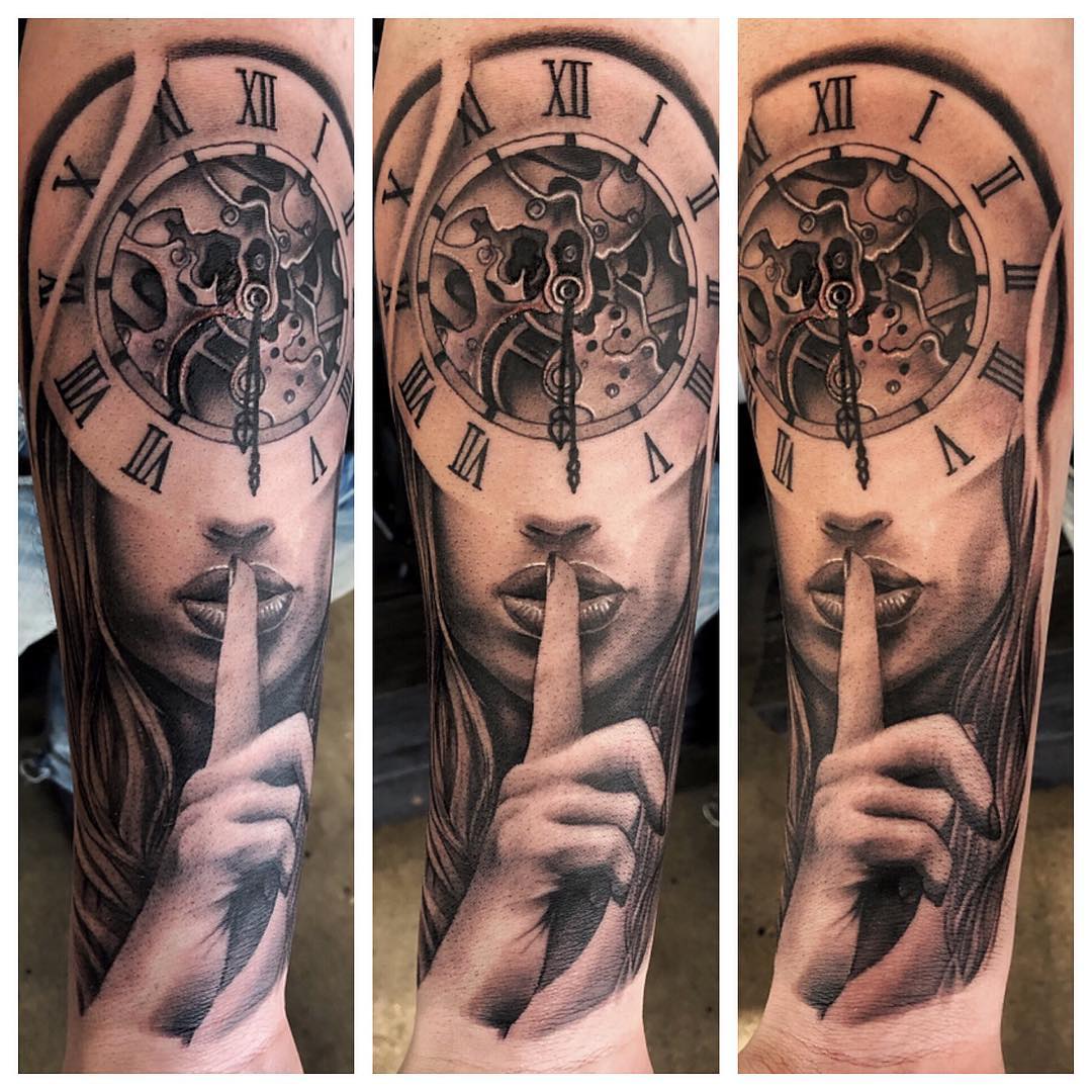 Lady and Clock Tattoo by Chad Lavers at Crimson Empire Tattoo in Edmonton Alberta Canada