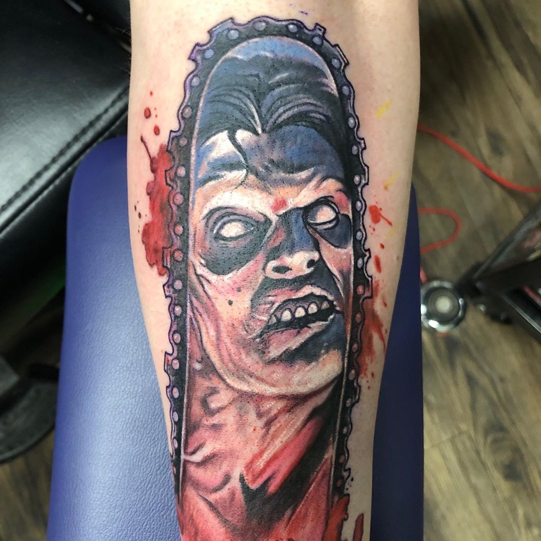 Texas Chainsaw Massacre Tattoo by Chris Labrenz at Black Gold Tattoo Co in Edmonton Alberta Canada