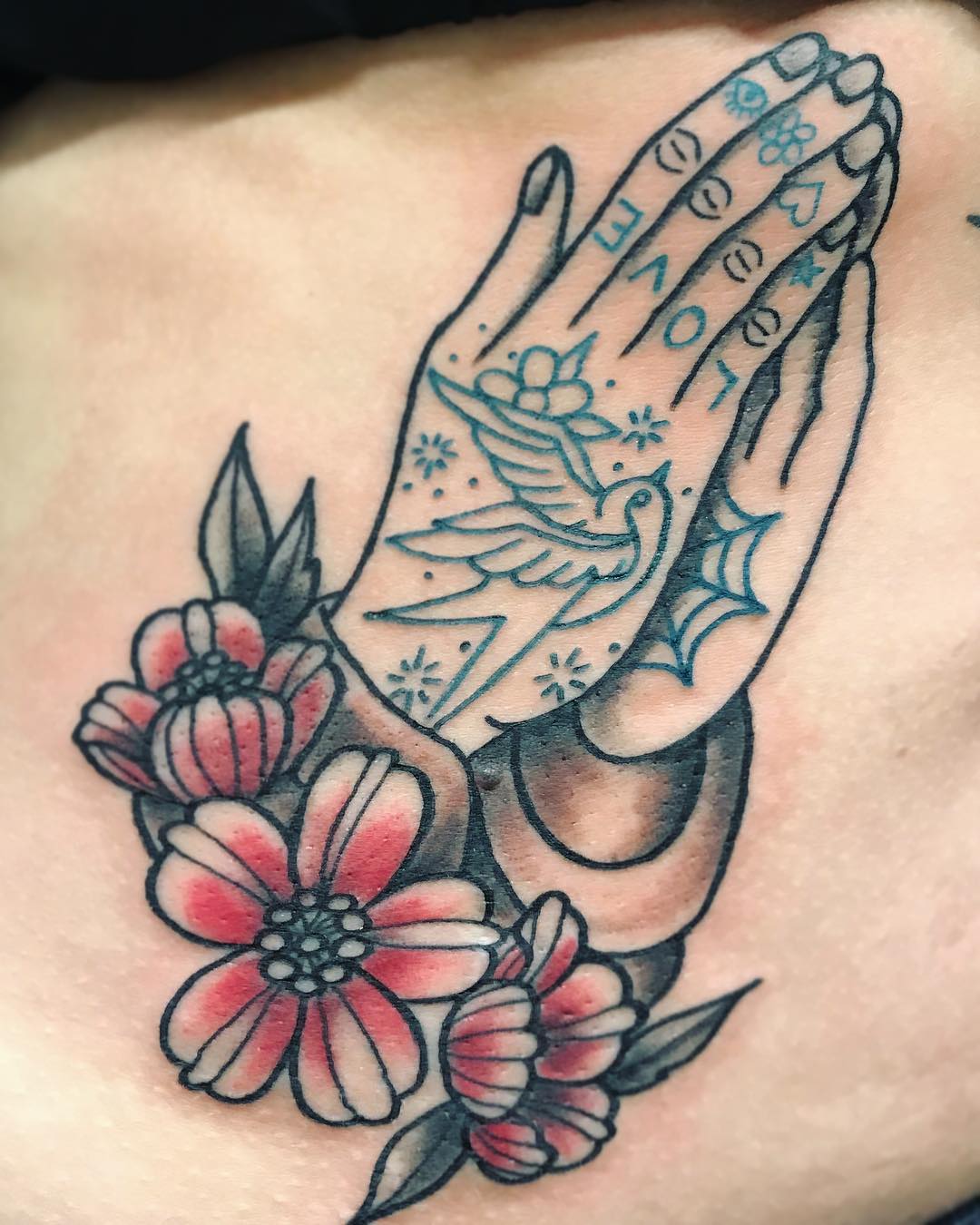 Tattooed Praying Hands Tattoo by Jess Alther at Black Gold Tattoo Co in Edmonton Alberta Canada