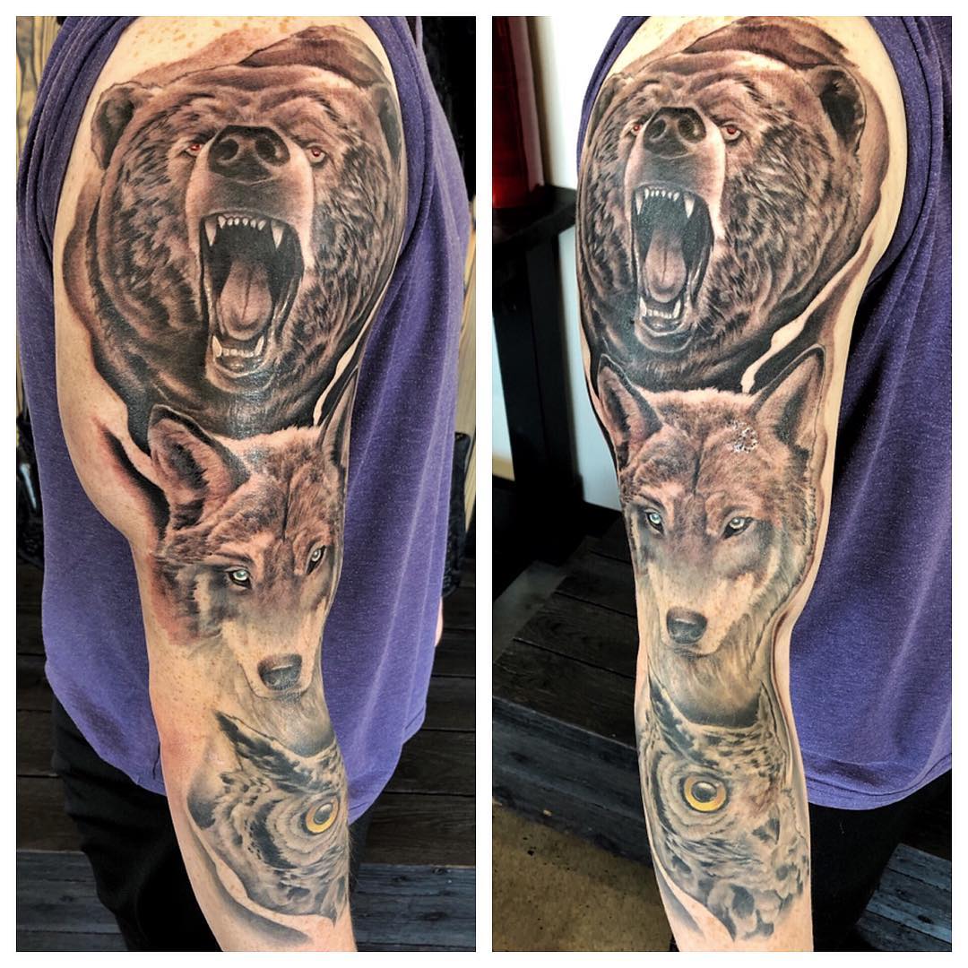 Bear Wolf and Owl Sleeve Tattoo by Chad Lavers at Crimson Empire Tattoo in Edmonton Alberta Canada