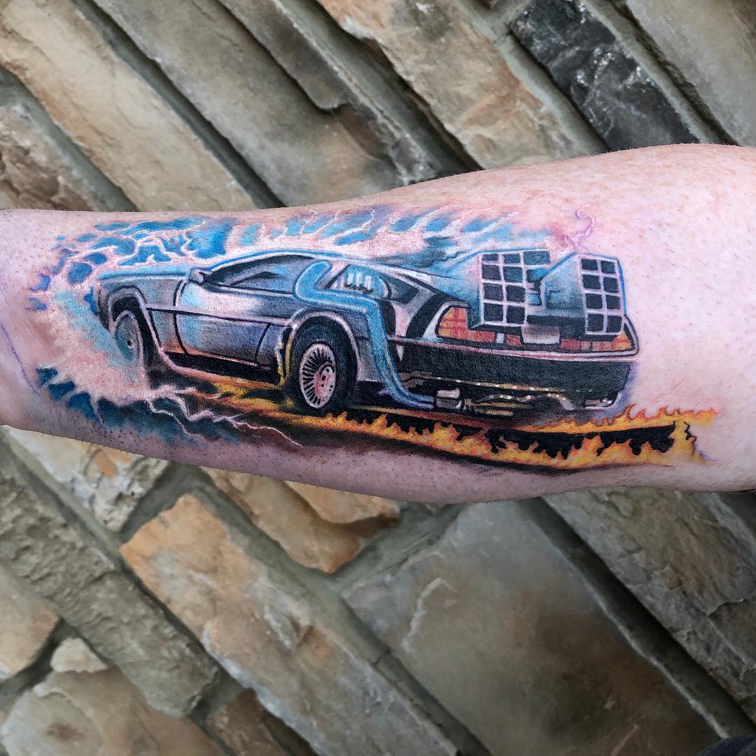 Back to the Future Delorean Tattoo by Chris Labrenz at Black Gold Tattoo Co in Edmonton Alberta Canada