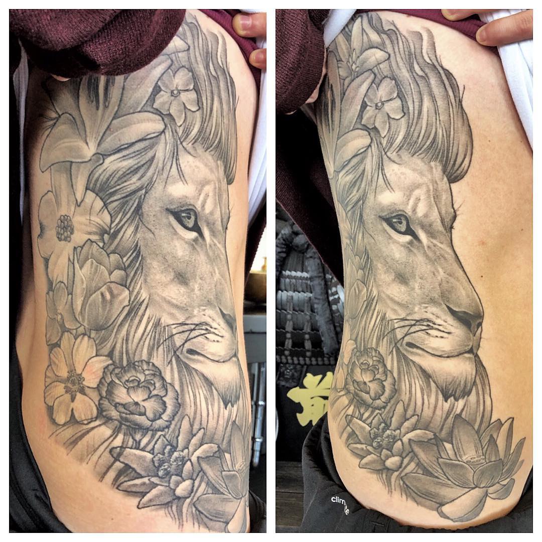 Floral Lion Tattoo by Chad Lavers at Crimson Empire Tattoo in Edmonton Alberta Canada