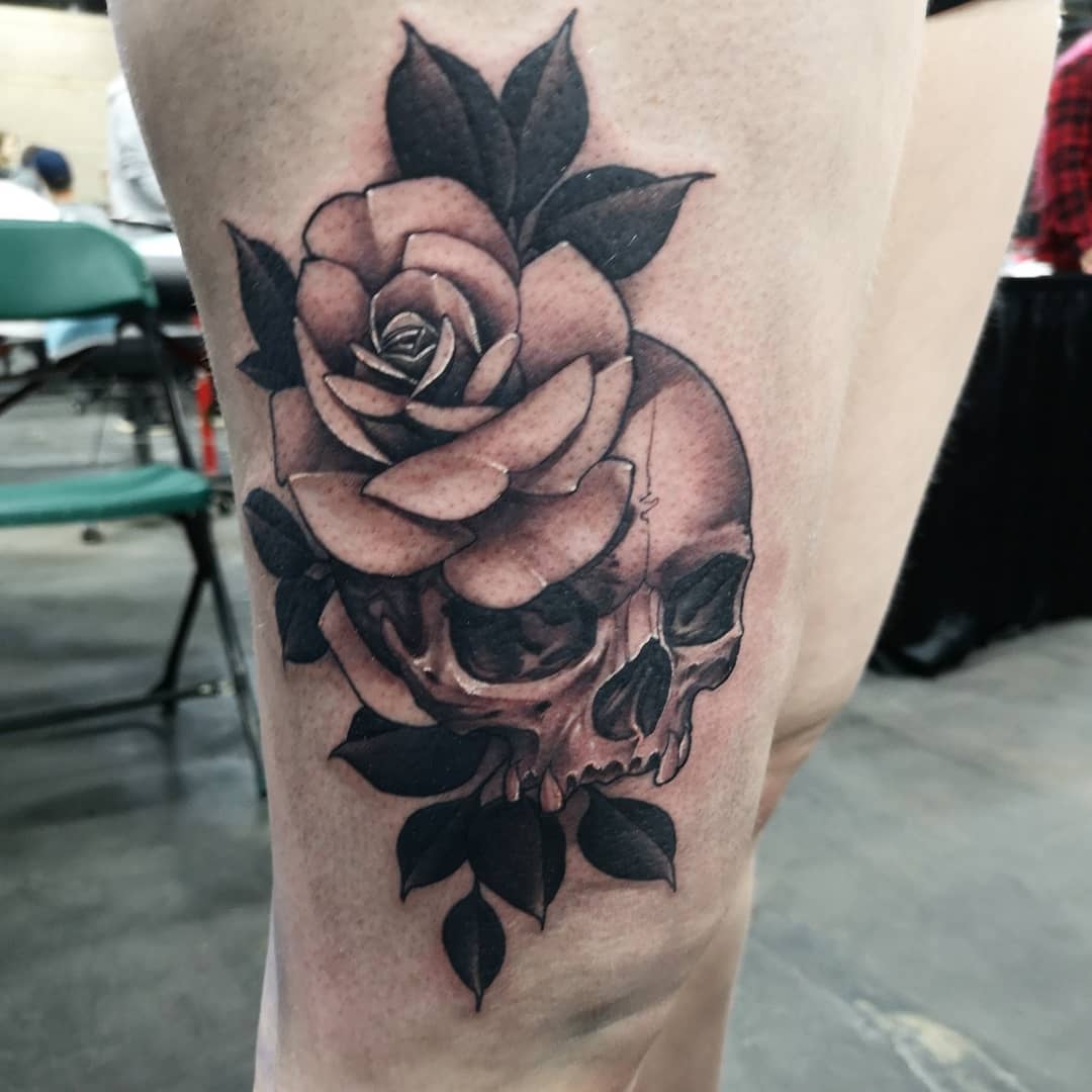 Skull and Rose Tattoo by Sasha Day at Black Gold Tattoo Co in Edmonton Alberta Canada