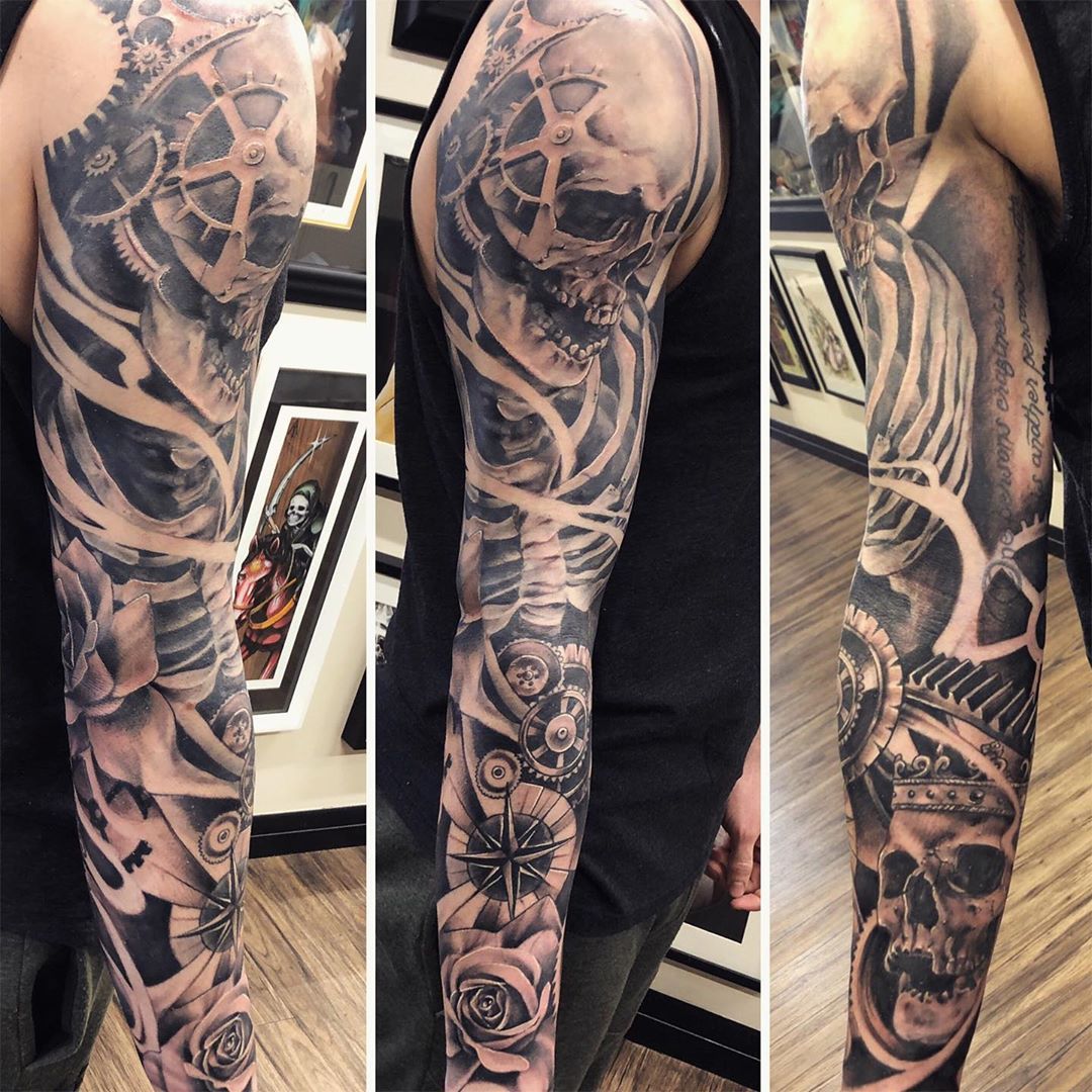 Skeleton Gears Compass Rose Sleeve by Sarah Michelle at Black Gold Tattoo Co in Edmonton Alberta Canada