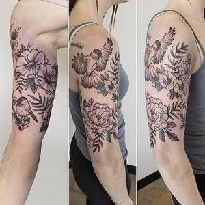 Floral Bird Half Sleeve Tattoo by Adrienne Alexander at Crimson Empire Tattoo in Edmonton Alberta Canada