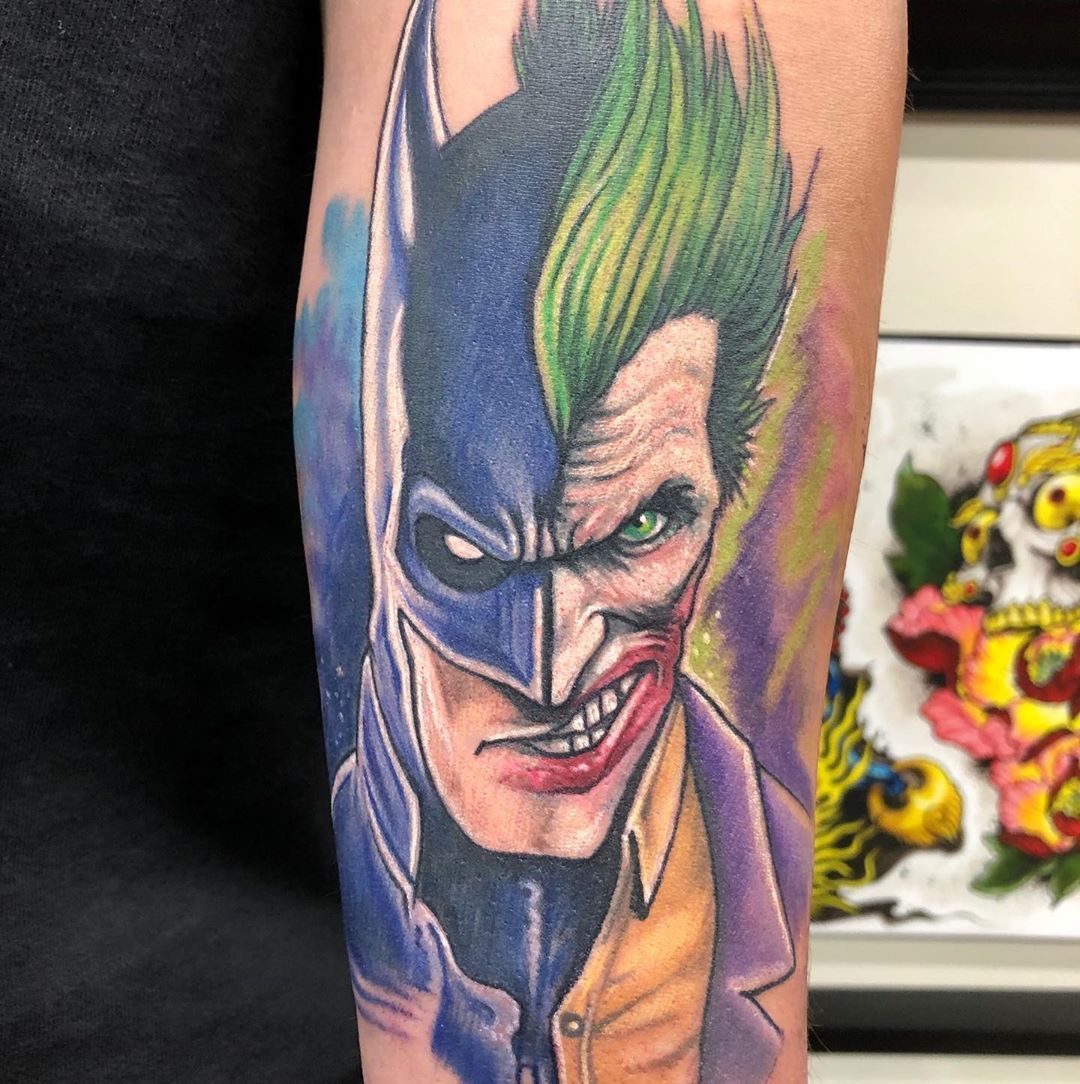 Batman and Joker Mash-up Tattoo by Chris Labrenz at Black Gold Tattoo Co in Edmonton Alberta Canada