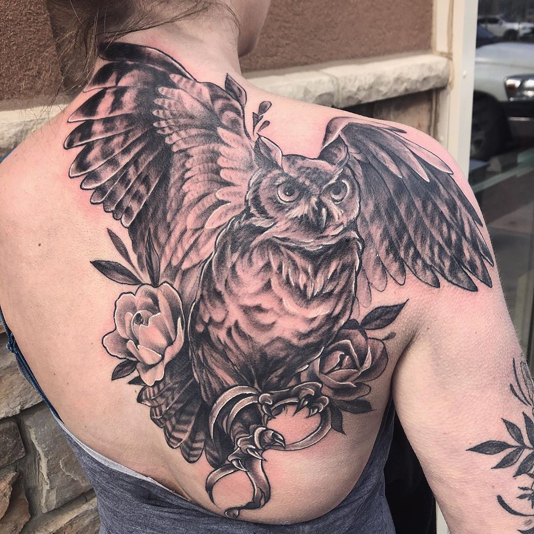Owl and Flowers Tattoo by Sarah Michelle at Black Gold Tattoo Co in Edmonton Alberta Canada
