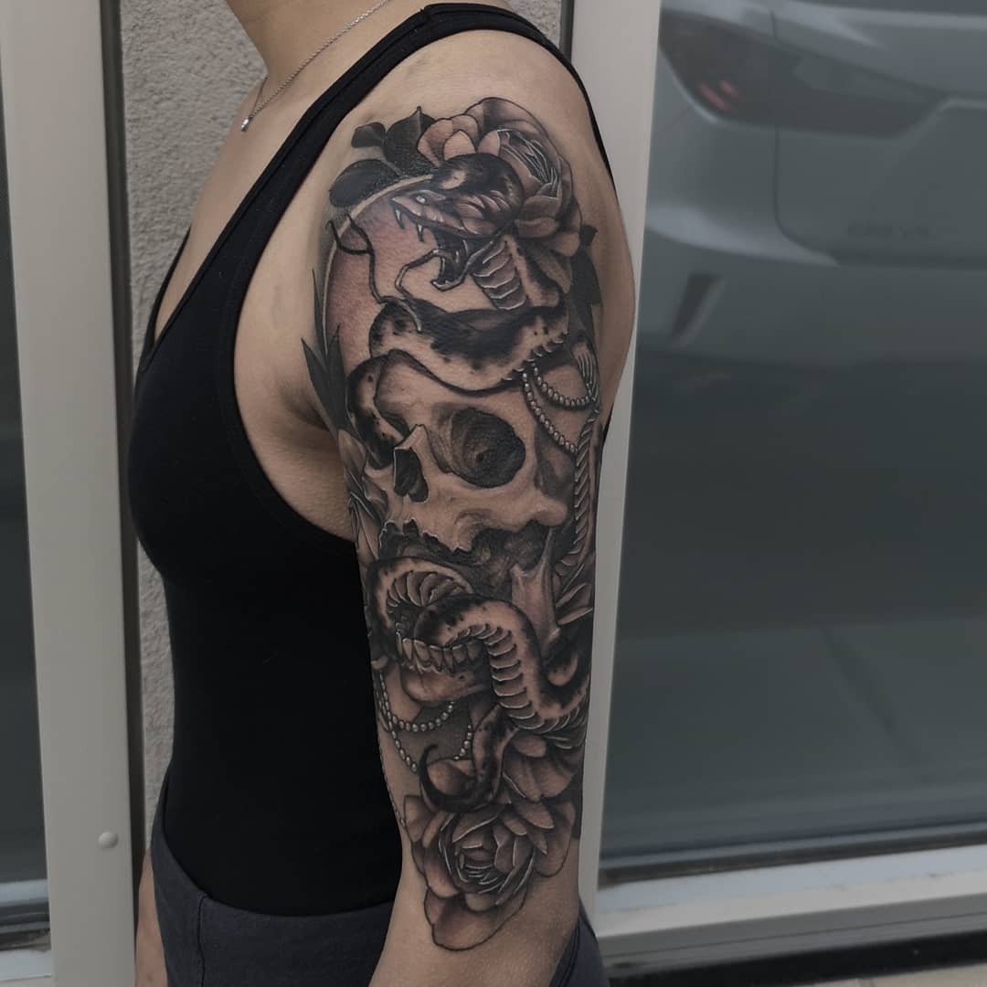 Snake and Skull Tattoo by Sasha Day at Black Gold Tattoo Co in Edmonton Alberta Canada