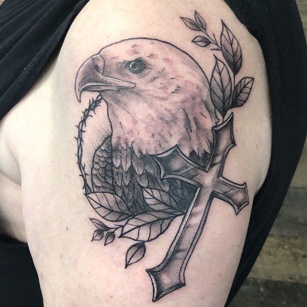 Eagle and Cross Tattoo by Vanessa Spezowka at Crimson Empire Tattoo in Edmonton Alberta Canada