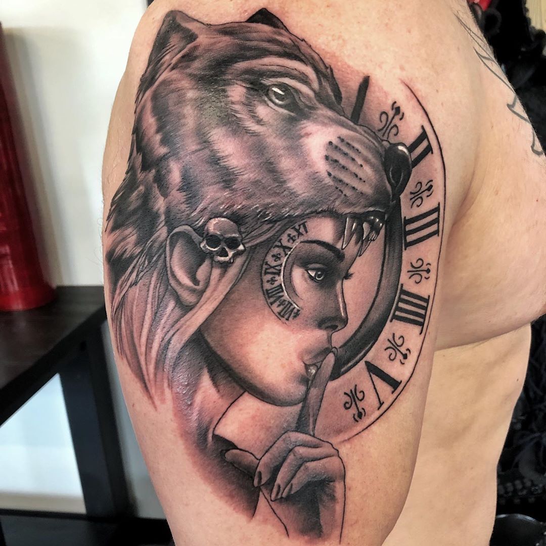 Huntress Tattoo by Chad Lavers at Crimson Empire Tattoo in Edmonton Alberta Canada