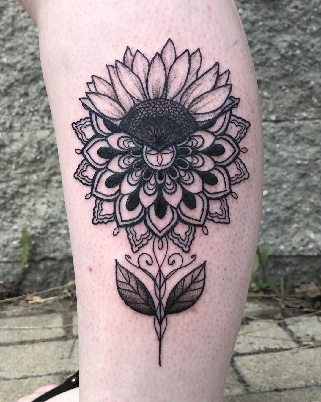 Mandala Sunflower Tattoo by Vanessa Spezowka at Crimson Empire Tattoo in Edmonton Alberta Canada