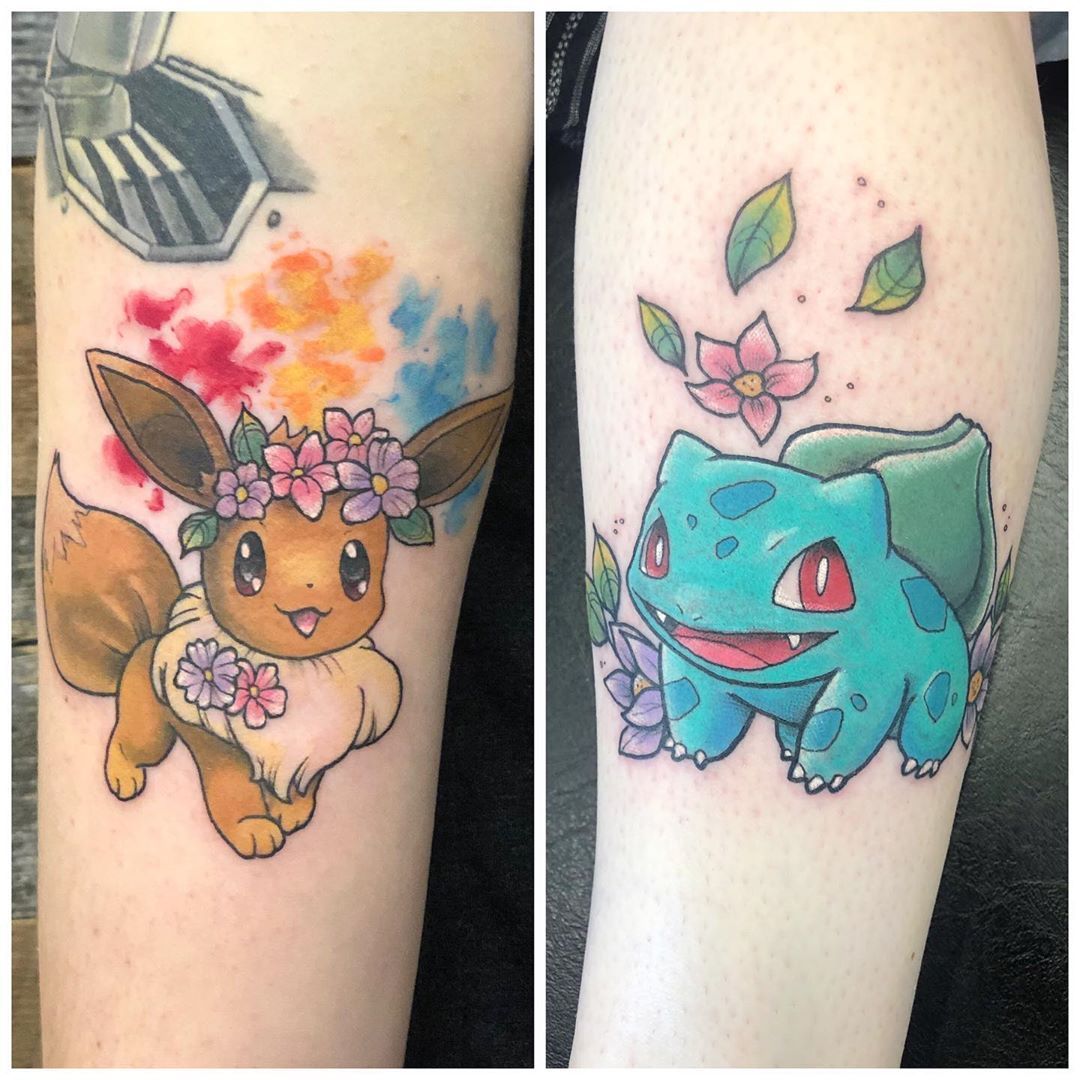 Eevee and Bulbasaur (Pokemon) Tattoos by Vanessa Spezowka at Crimson Empire Tattoo in Edmonton Alberta Canada