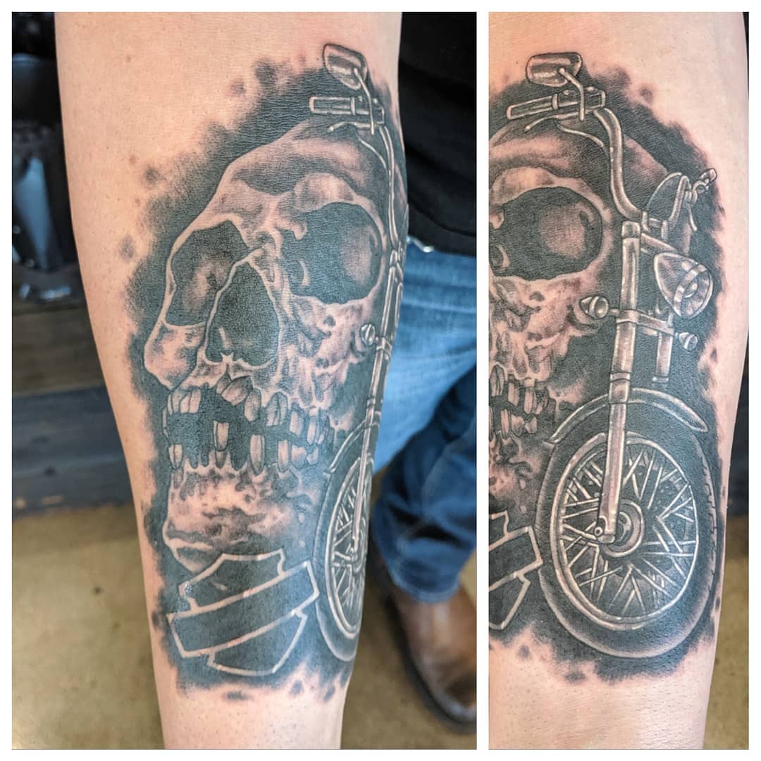 Skull and Motorcycle Tattoo by Sheila Anderson at Crimson Empire Tattoo in Edmonton Alberta Canada