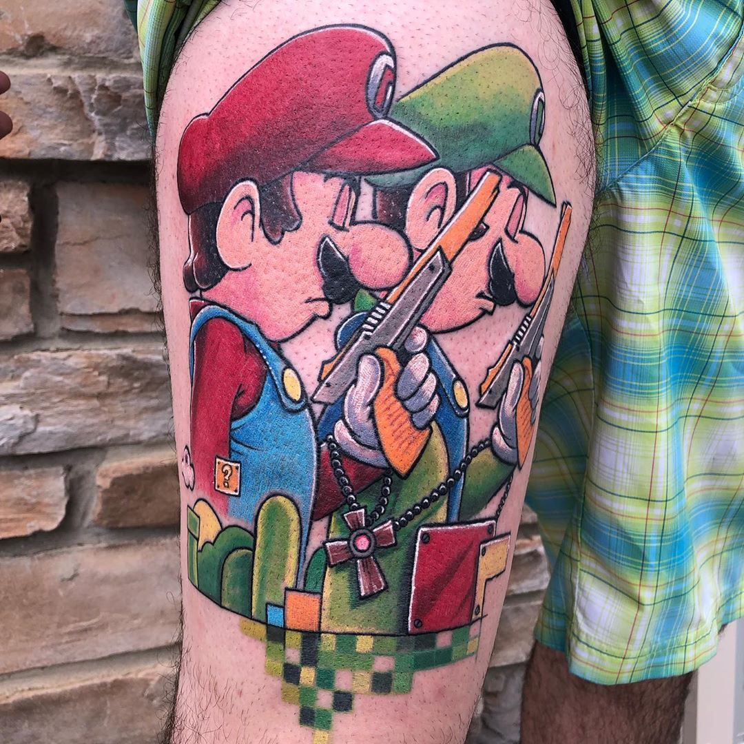 Super Mario Boondock Saints Mash-up Tattoo by Chris Labrenz at Black Gold Tattoo Co in Edmonton Alberta Canada