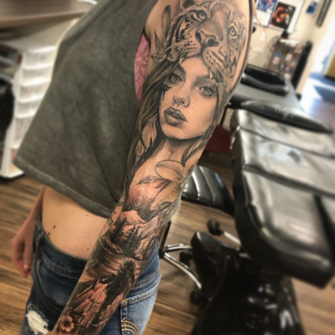 Forest Lake and Huntress Sleeve by Sarah Michelle at Black Gold Tattoo Co in Edmonton Alberta Canada