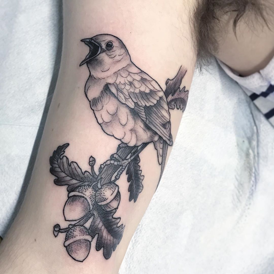 Chickadee on Branch Tattoo by Jess Alther at Black Gold Tattoo Co in Edmonton Alberta Canada