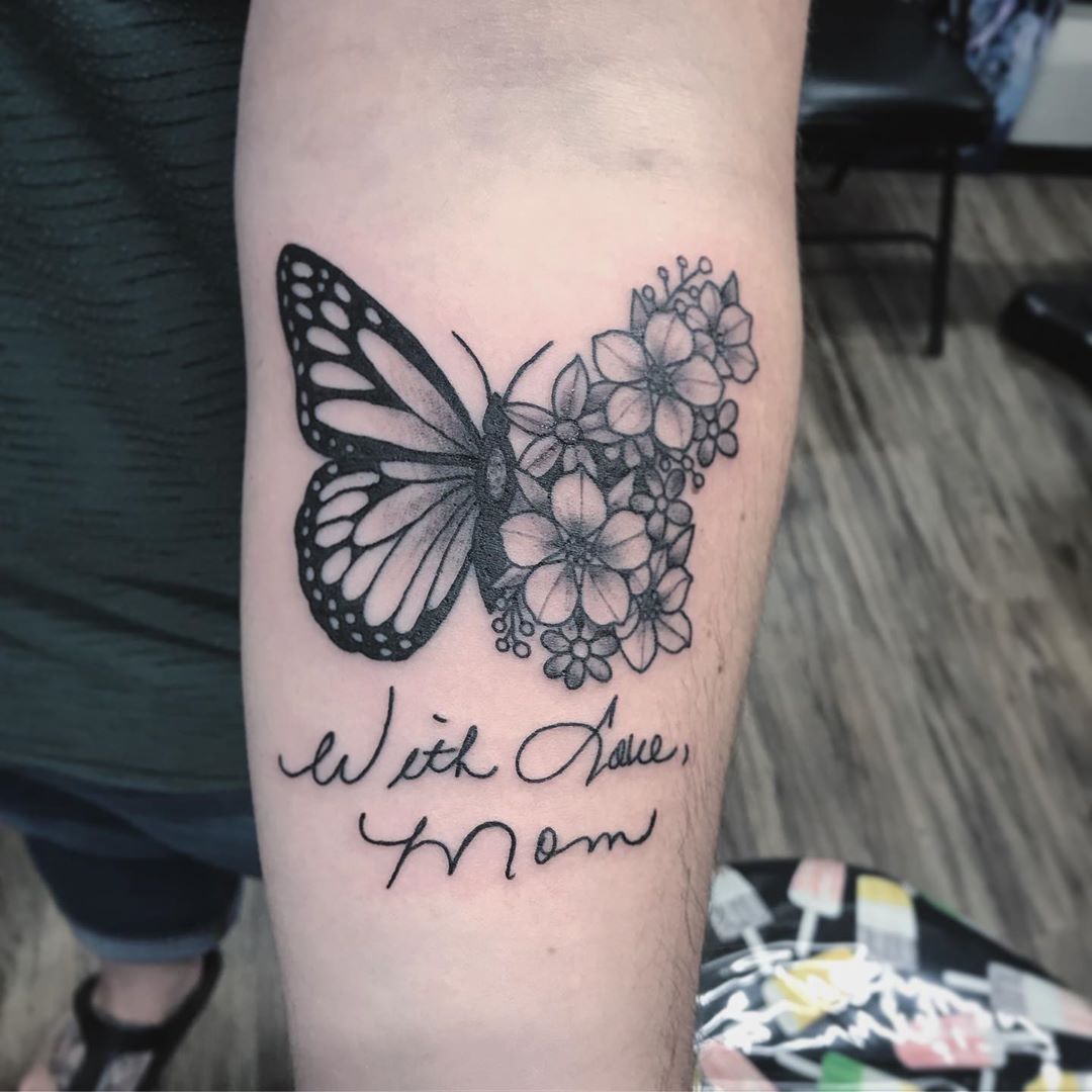 Butterfly Flowers and Script Tattoo by Jess Alther at Black Gold Tattoo Co in Edmonton Alberta Canada