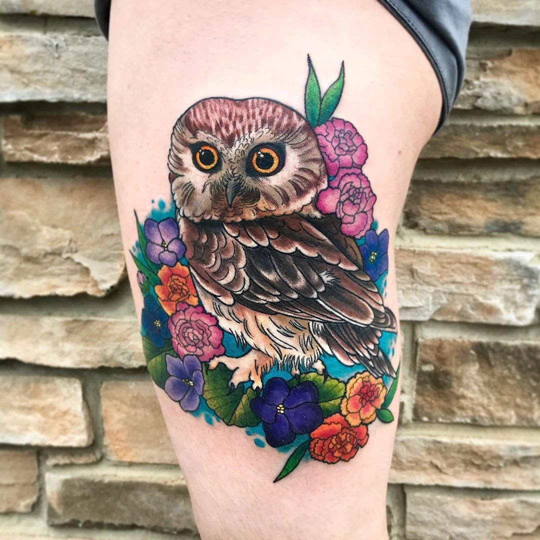 Owl and Flowers Tattoo by Jess Alther at Black Gold Tattoo Co in Edmonton Alberta Canada