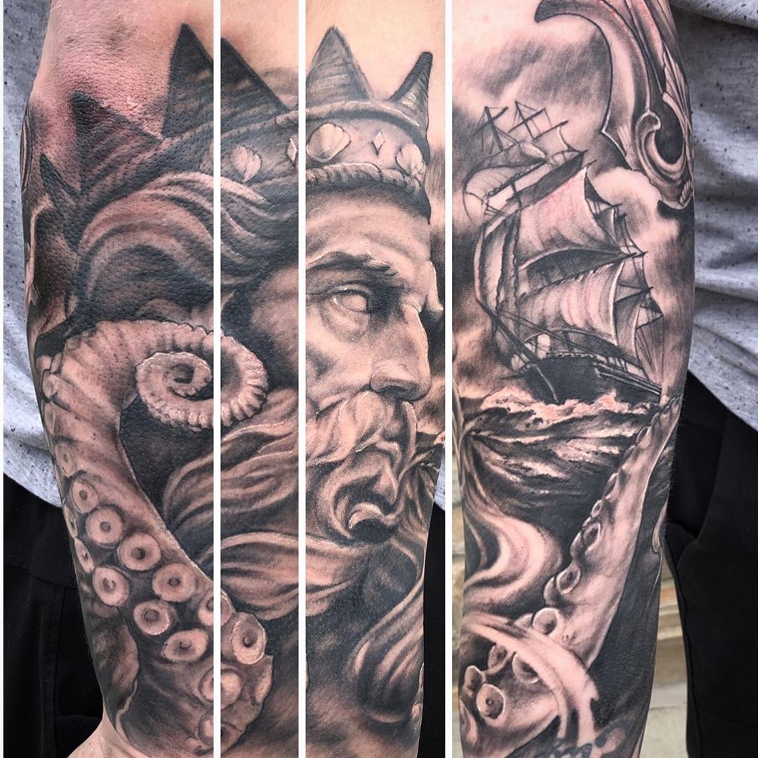 Poseidon Tattoo by Sarah Michelle at Black Gold Tattoo Co in Edmonton Alberta Canada