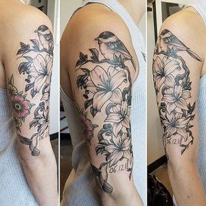 Floral Bird Half Sleeve Tattoo by Adrienne Alexander at Crimson Empire Tattoo in Edmonton Alberta Canada