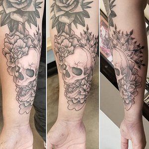 Skull and Floral Tattoo by Adrienne Alexander at Crimson Empire Tattoo in Edmonton Alberta Canada