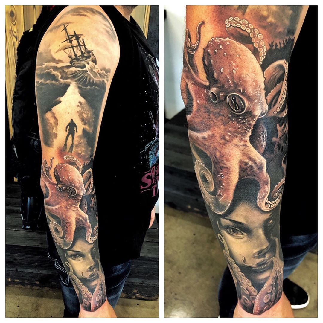 Underwater Sleeve Tattoo by Chad Lavers at Crimson Empire Tattoo in Edmonton Alberta Canada
