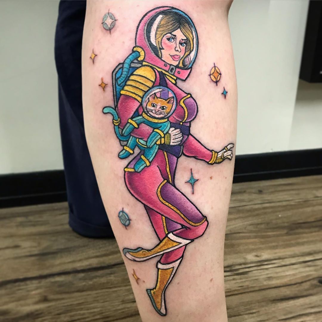 Space Cat and Astronaut Tattoo by Jess Alther at Black Gold Tattoo Co in Edmonton Alberta Canada