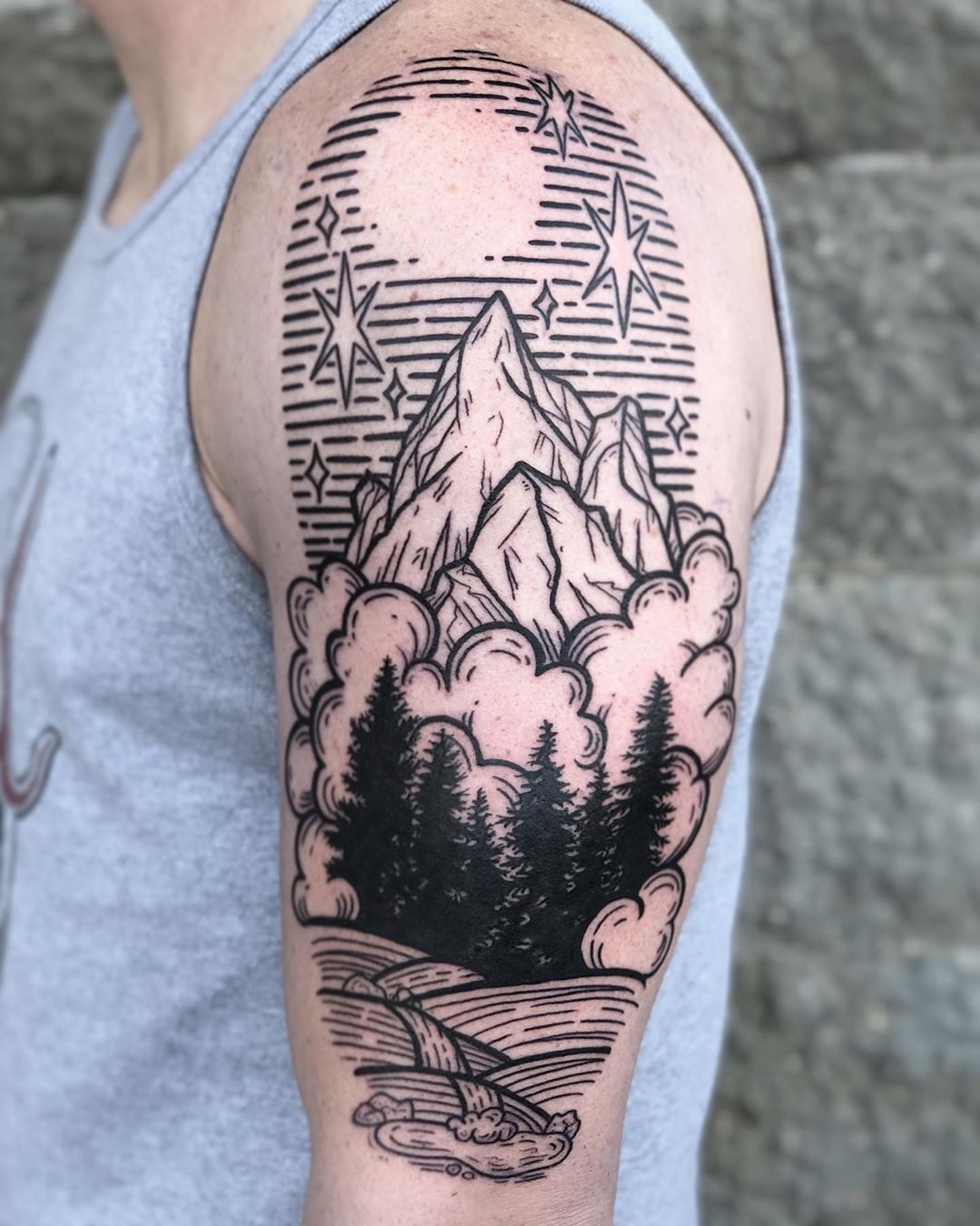 Mountain Scenery Tattoo by Vanessa Spezowka at Crimson Empire Tattoo in Edmonton Alberta Canada
