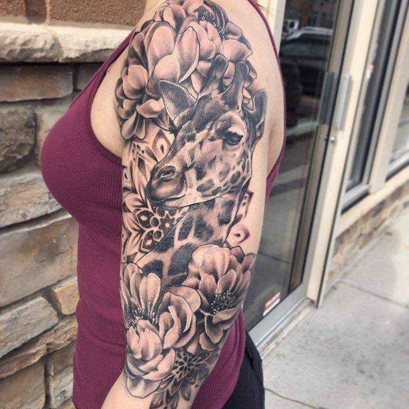 Giraffe Floral Mandala Tattoo by Sarah Michelle at Black Gold Tattoo Co in Edmonton Alberta Canada