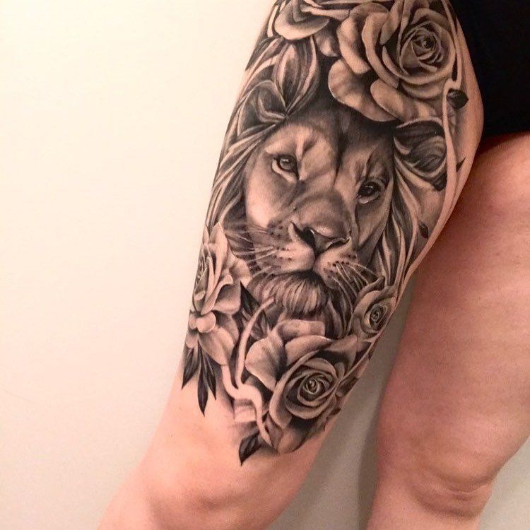 Lion and Roses Tattoo by Sarah Michelle at Black Gold Tattoo Co in Edmonton Alberta Canada