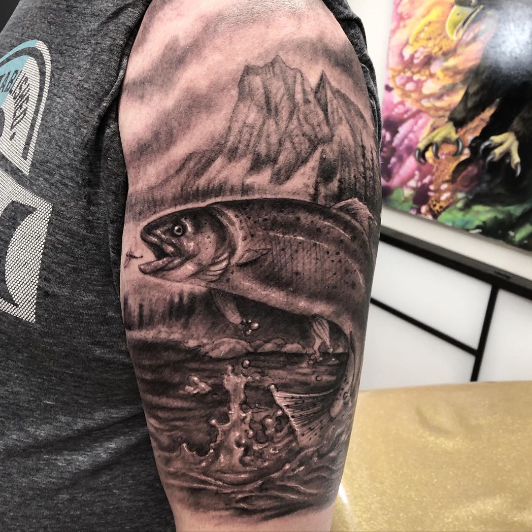 Trout Tattoo by Steve Hayes at Black Gold Tattoo Co in Edmonton Alberta Canada