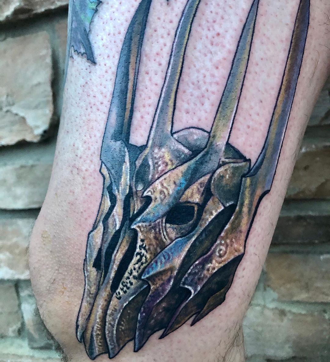 Lord of the Rings Sauron Mask Tattoo by Chris Labrenz at Black Gold Tattoo Co in Edmonton Alberta Canada