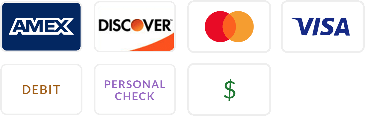 Amex, Discover, MasterCard, Visa, Debit, Personal Check, and Cash logos