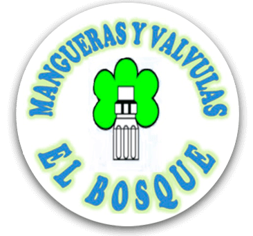 Logo for Mangueras y Válvulas El Bosque with green flower and blue text