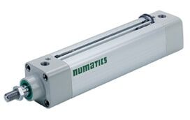 Actuador de cilindro neumático plateado con logotipo Numatics verde y varilla extendida