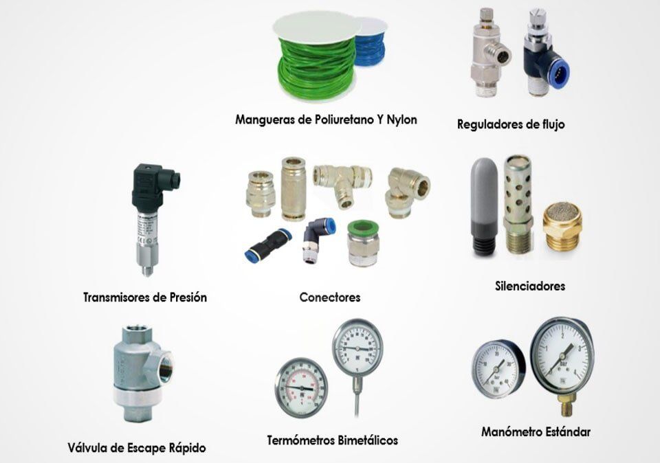 Catálogo de accesorios industriales: válvulas, reguladores, conectores, transmisores y manómetros sobre fondo blanco