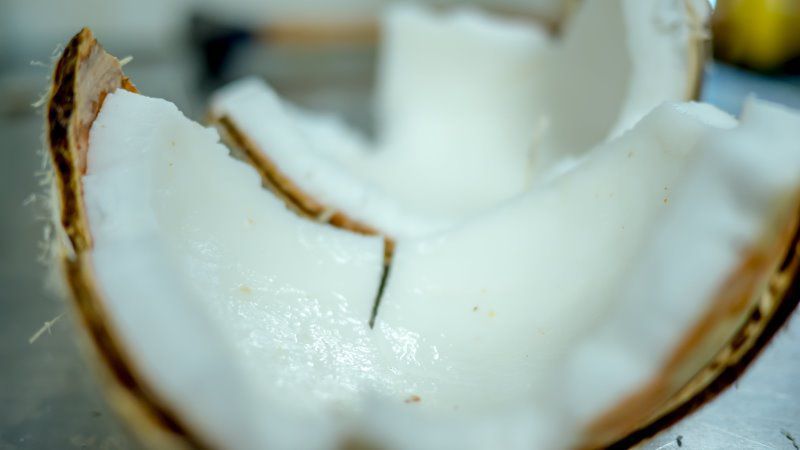 Open coconut, white flesh, brown husk, close-up view.