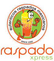 Logo for Raspado Xpress. Cartoon drink character running with a colorful shaved ice drink.